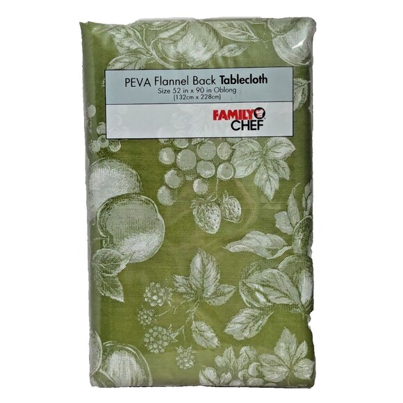 Green White Harvest Fruit PEVA Tablecloth 52 x 90-in Flannel Backing Kitchen NIP - Picture 6 of 6